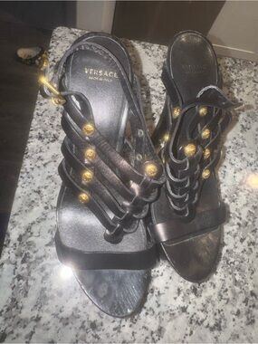 Versace Black Leather Heeled Sandals with Gold Medallions